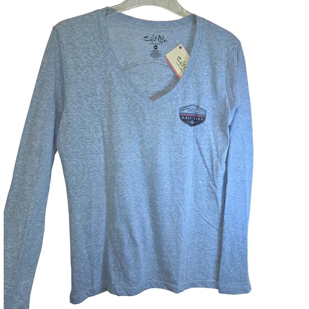 Salt Life Long Sleeve Tee Shirt V-neck Womens Large Light Blue Heather